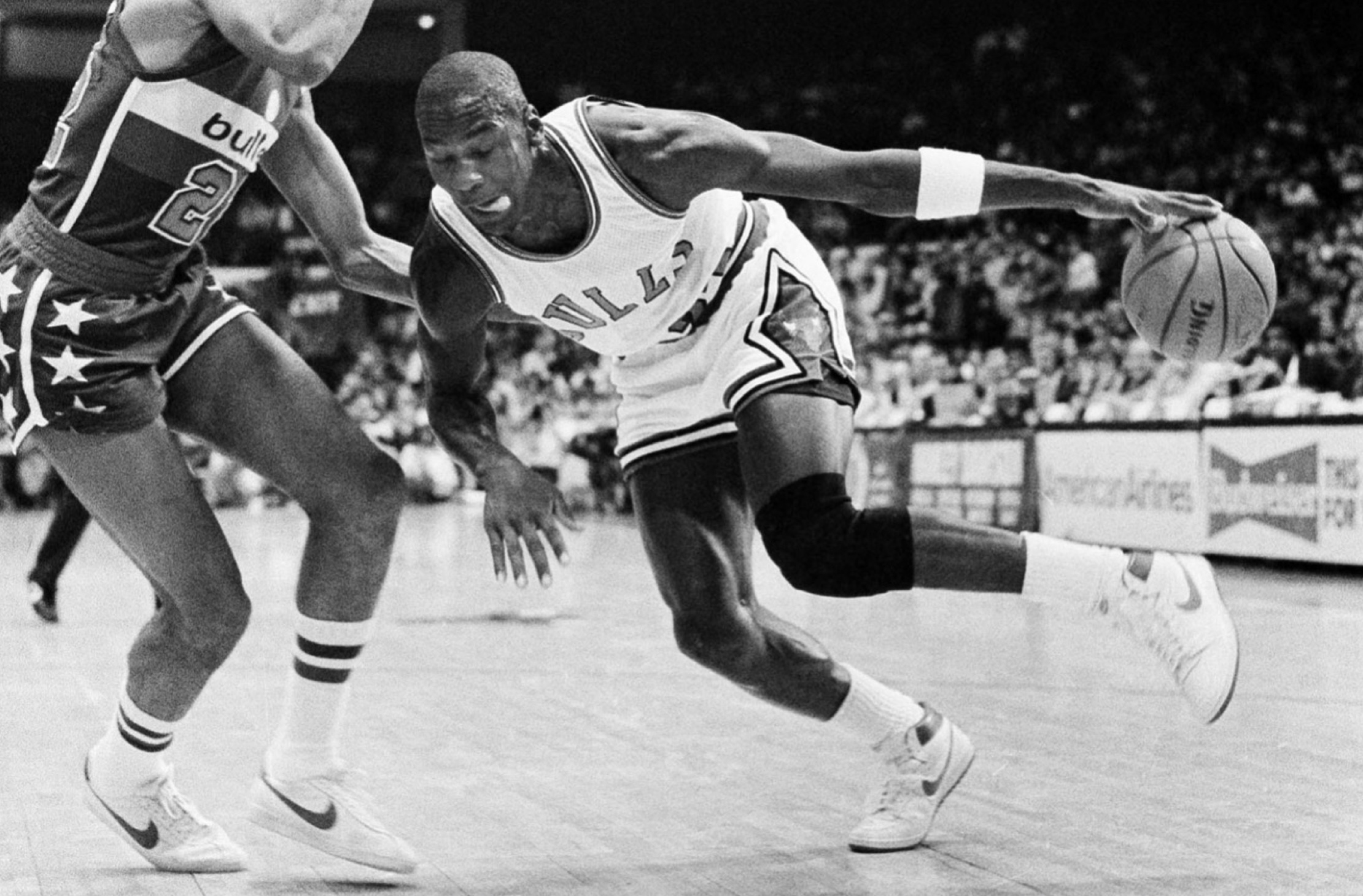 Michael Jordan wearing Nike Air Ship during his first NBA regular season game