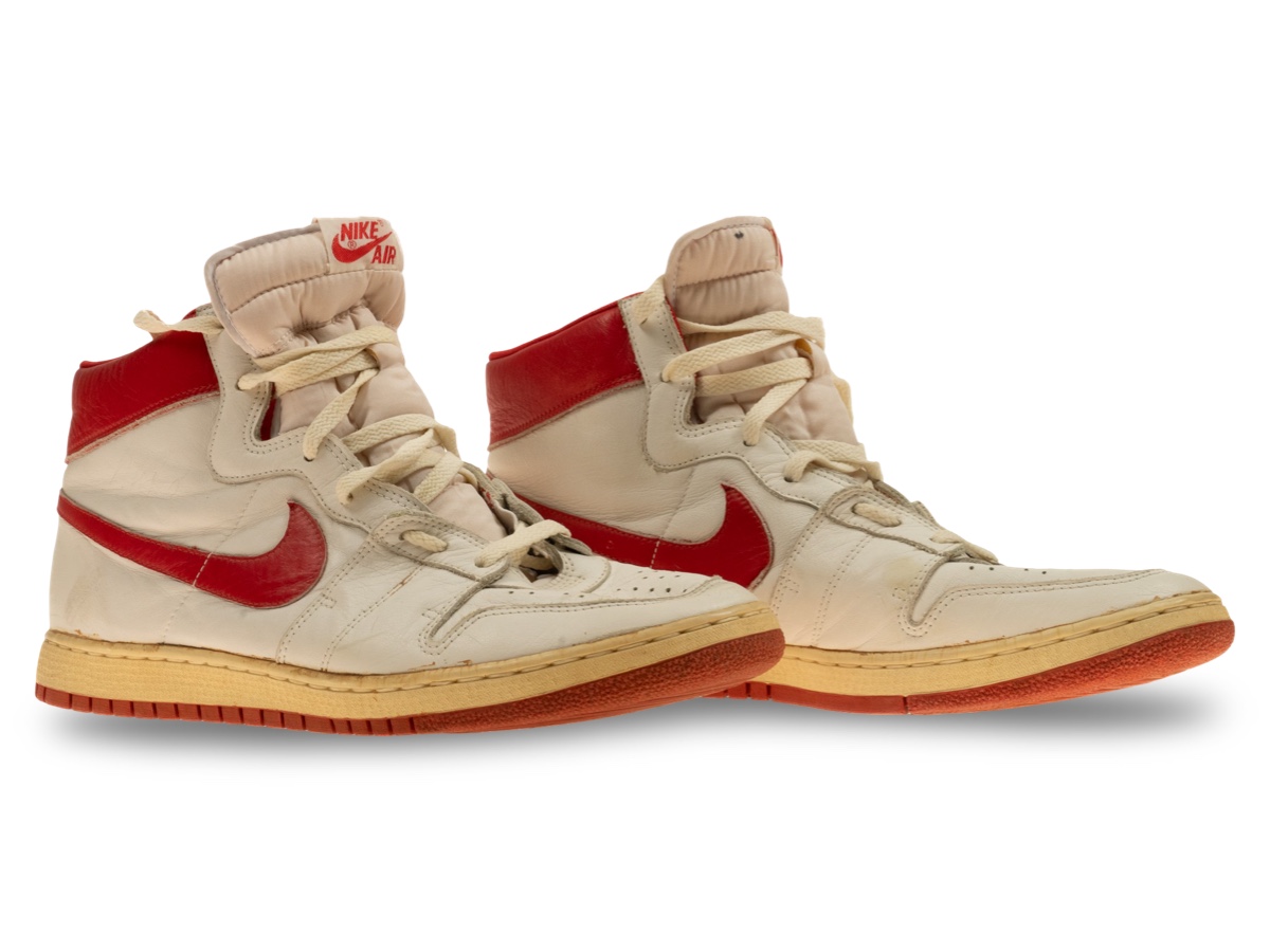 White and red Nike Air Ship later sold through REA with Detroit Pistons ball boy provenance