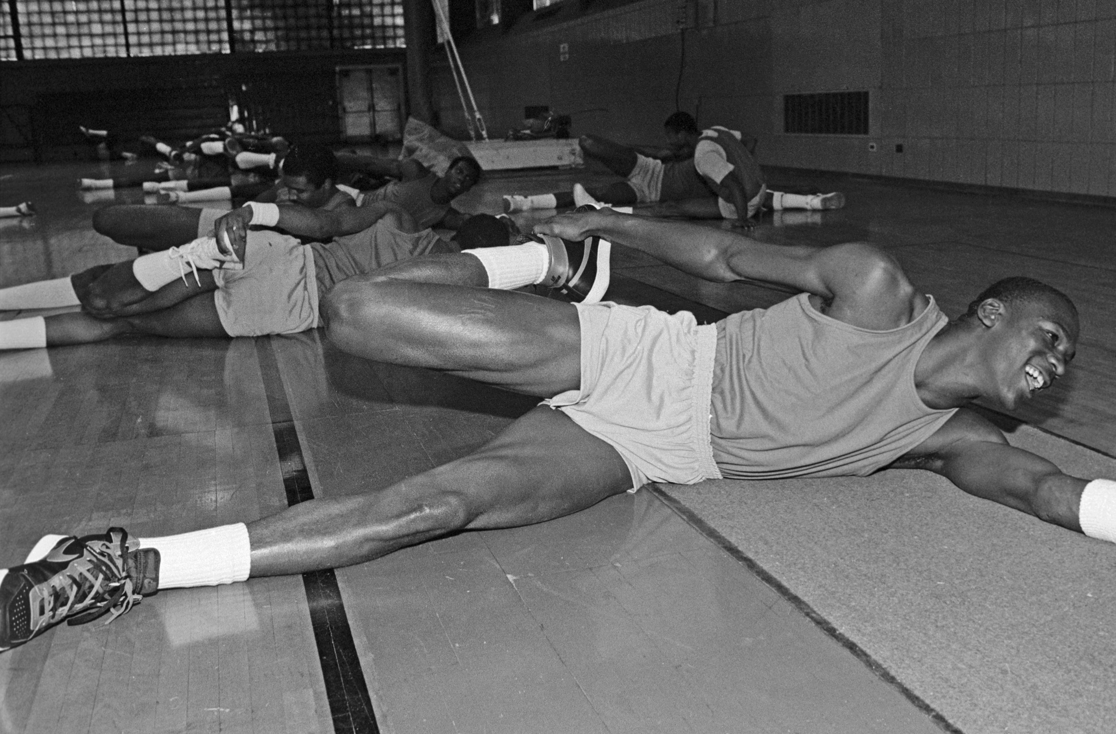 Michael Jordan wearing black and red Nike Air Ship sneakers during Bulls practice on September 28, 1984