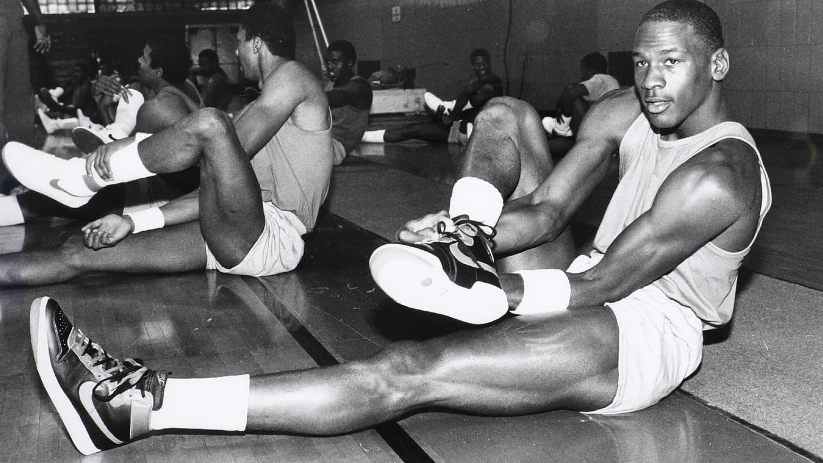 Michael Jordan wearing Nike Air Ship sneakers during early Chicago Bulls practice